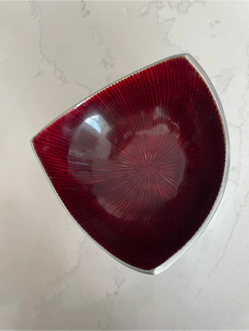 Handcrafted Ruby Red Enamel Bowl- Modern Silver Tone Catchall Dish, Made in Indi